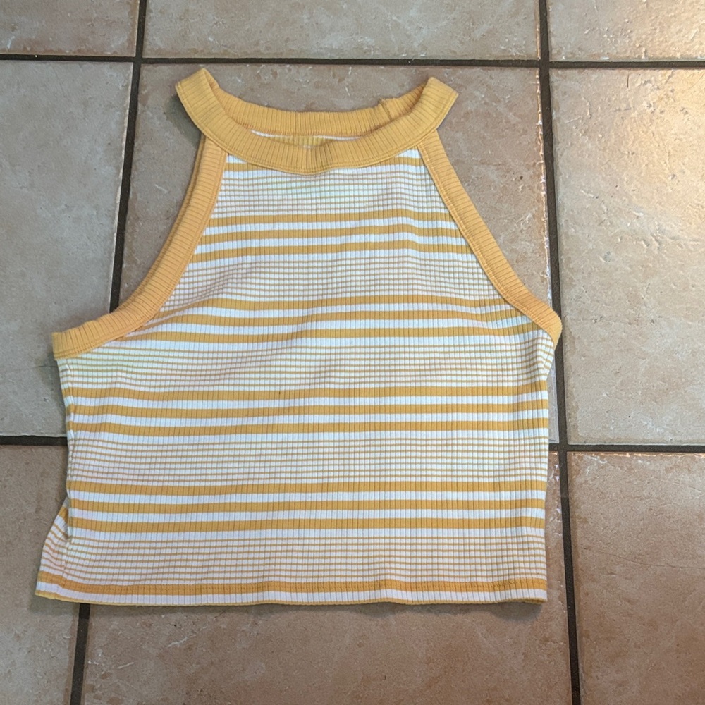 American Eagle Outfitters Yellow & White Ribbed Halter Tank